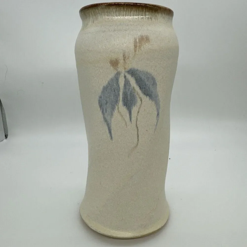 Handmade Ceramic Vase Abstract Blue Leaf Design Rustic Earth Tone Table Decor